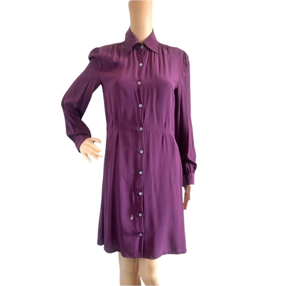 LUNA BY JOSANDRA Plum Purple 100% Silk Button Front Shirt Dress sz S, no belt